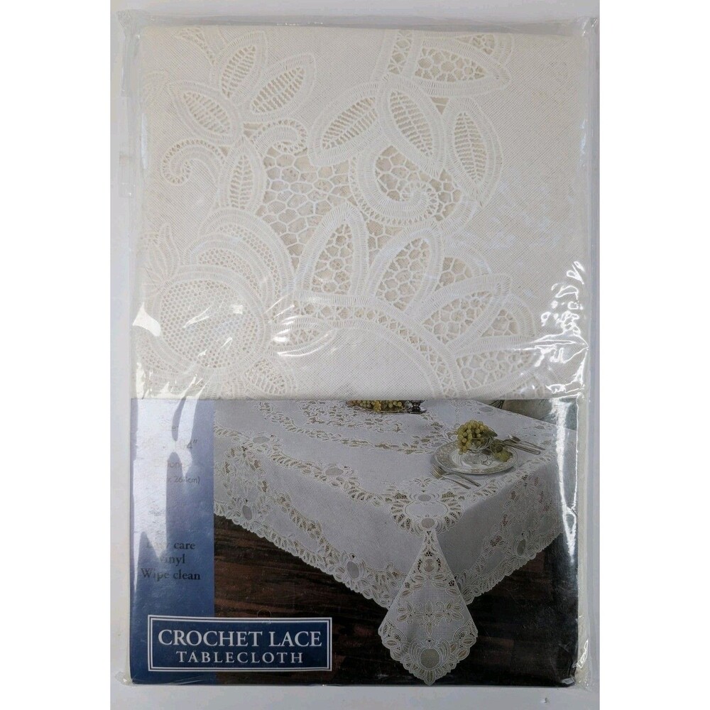 VTG Elrene Crochet Lace Vinyl Tablecloth Large 54" X 72" Oblong White Elegant
